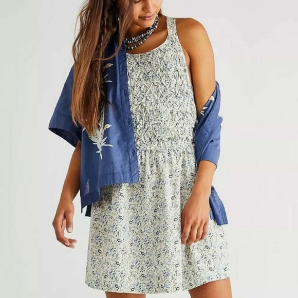 NWT Free People Petunia Mini Dress XS Blue Floral Cottagecore Boho Prairie Dress - Picture 2 of 16